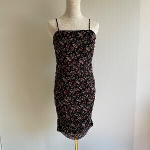 Dainty Floral Chiffon Lace Ruched Mini Dress Size L Black Fairy Whimsy Goth Y2k